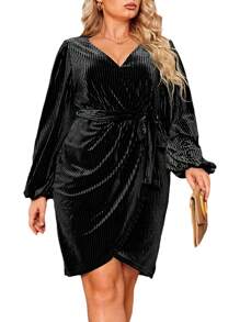Women's Plus Size Long Sleeve Wrap Semi Formal Velvet Mini Dress Sexy Cocktail Party Winter Club Dress - màu đen - Xem 1