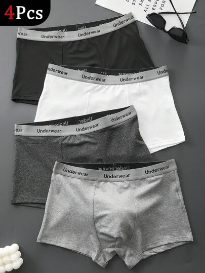 HIALEGION 4 Pcs Men's Underwear Letter Waistband Solid Color Elastic Underwear Sports Leisure Style Simple Comfortable Boxer Shorts