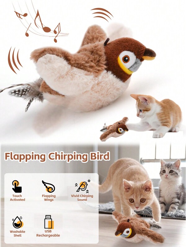 Interactive Cat Toys USB Rechargeable Chirping Flapping Bird(No Flying) Summer Indoor Bird Kitty Toy Pet Supplies Electric Interactive Simulation Bird Pet Toys