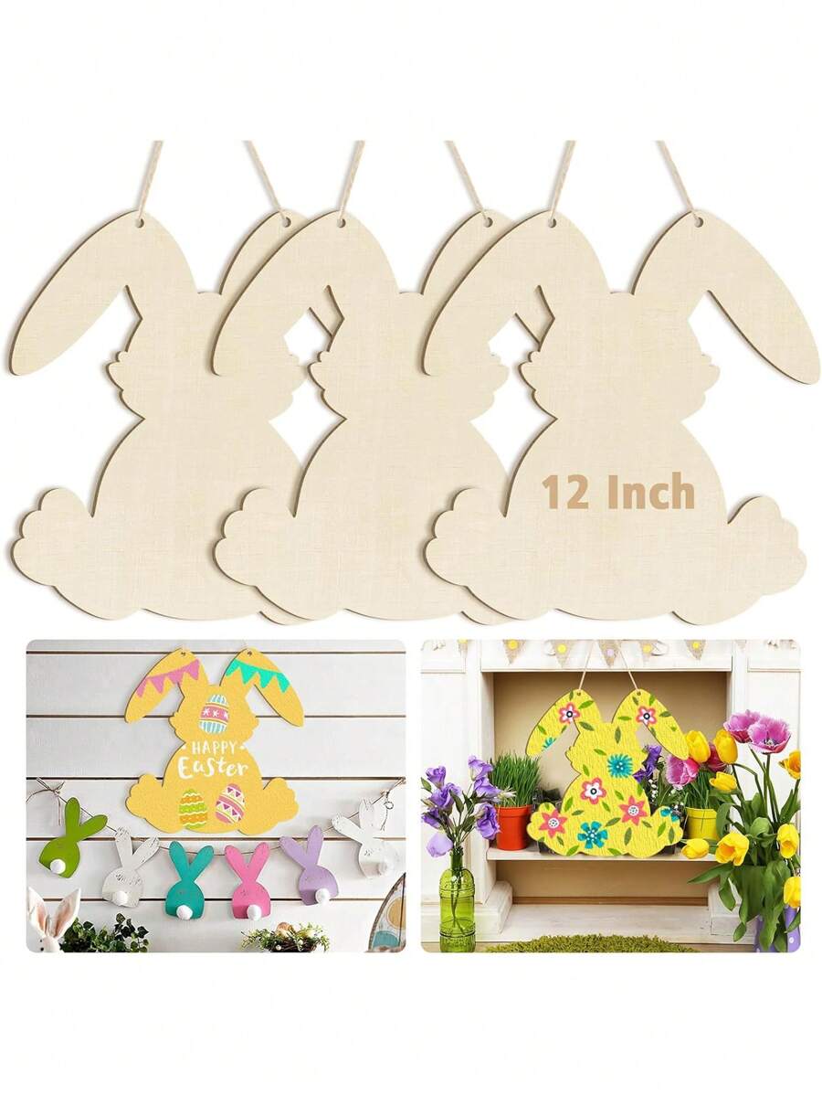 大尺寸 12 英寸木制复活节装饰物可供绘画，木制 DIY 空白未完成圆形木盘装饰物复活节快乐兔子门牌复活节门挂牌匾工艺品挂饰 - 米色 - 查看 1