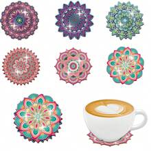 6pcs Sunflower, Mandala Floral Pattern Wooden Coasters, Round Shape, Anti-Slip Tabletop Art Coasters For Adults, Office, Tea House, Home, Crafts & Gifts