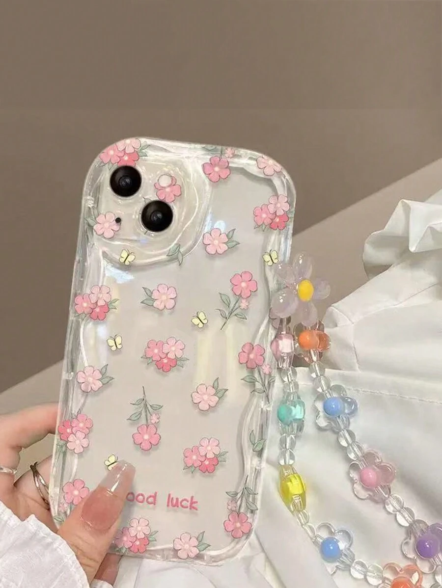 Cream-Colored Wavy Edge Shiny Oil Ditsy Floral Painted Anti-Drop Phone Case With Handmade Beaded Bracelet, Compatible With IPhone 16/11/16pro/16plus/16promax/16e/15Promax/13/14/12/XS/XR/7G/8P, Also Compatible With Samsung Galaxy S25/S25PLUS/S25 Ultra/A16/A36/A26/A56/A50/A12/A32 Waterproof Shockproof Scratch Resistant,International Version, Not The Domestic Version - Multicolor - View 1