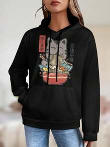 Kawaii Ramen Cat Anime Big Size Women Hoodie - Funny Graphic Design Perfect For Anime Lovers Unique Gift For Cat And Ramen Fans - 黑色 - 查看 1