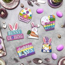 Wielkanocna Taca Dekoracyjna, Słodkie Dekoracje Tacy Wiejskiej Króliczka, Wesoła Wielkanocna Króliczek Marchewka Jajko Gnom Kolorowe Drewniane Znaki, Rustykalna Wielkanocna Wiosenna Dekoracja Do Domu Stół Półka Mantel Party Święta - Wielokolorowe - Zobacz 6