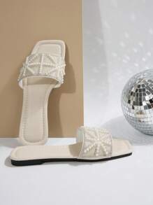 Sandalias planas de lujo para mujer, grandes tamaños antideslizantes de tacón bajo para primavera, verano y otoño de 2024, zapatillas casuales y versátiles para vacaciones, playa y hogar, impermeables con cristales y rhinestone