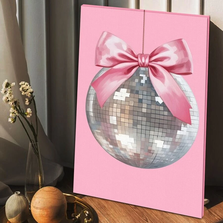 Pink Coquette Room Decor, Coquette Pink Bow Disco Ball Preppy Wall Art, Pink Room Decor Aesthetic, Coquette Posters For Teen Girls Bedroom Decor, Pink Posters Wall Decor - 杏色 - 查看 1