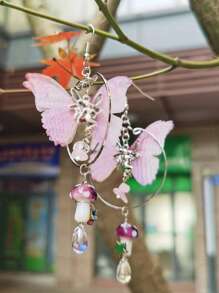 2pcs Fashion Sweet Romantic Soft Metallic Natural Stone Fairy Long Butterfly Mushroom Crystal Tassel Earrings, Suitable For Women's Daily, Vacation, Party, And Social Occasions - 紫色 - 查看 6