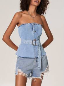 Women's Denim Tube Tops Button-Up Boat Neck Raw Hem Sleeveless Solid Color Vest Waistband - Màu xanh lam - Xem 1