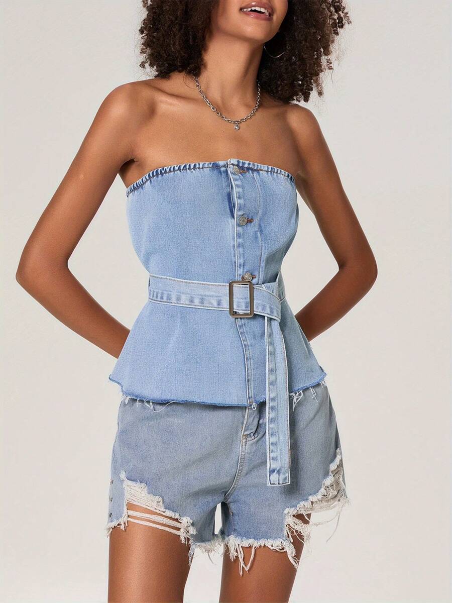 Women's Denim Tube Tops Button-Up Boat Neck Raw Hem Sleeveless Solid Color Vest Waistband - Màu xanh lam - Xem 1