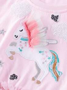 Toddler Girls Unicorn Tulle Dress - Short Sleeve Party Dress With Shiny Unicorn Print - Fuchsia Princess Dress