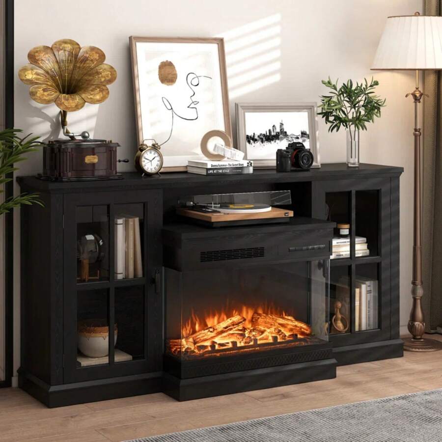 Fireplace TV Stand For TVs Up To 65" 3-Sided Glass Modern Media Entertainment Center With Cabniet Storage Adjustable Flame Color - 黑色 - 查看 1