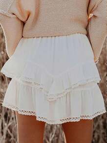 Women's Summer Skorts Casual Layered Ruffles Solid High Waist Mini Skirts With Shorts - 白色 - 查看 5
