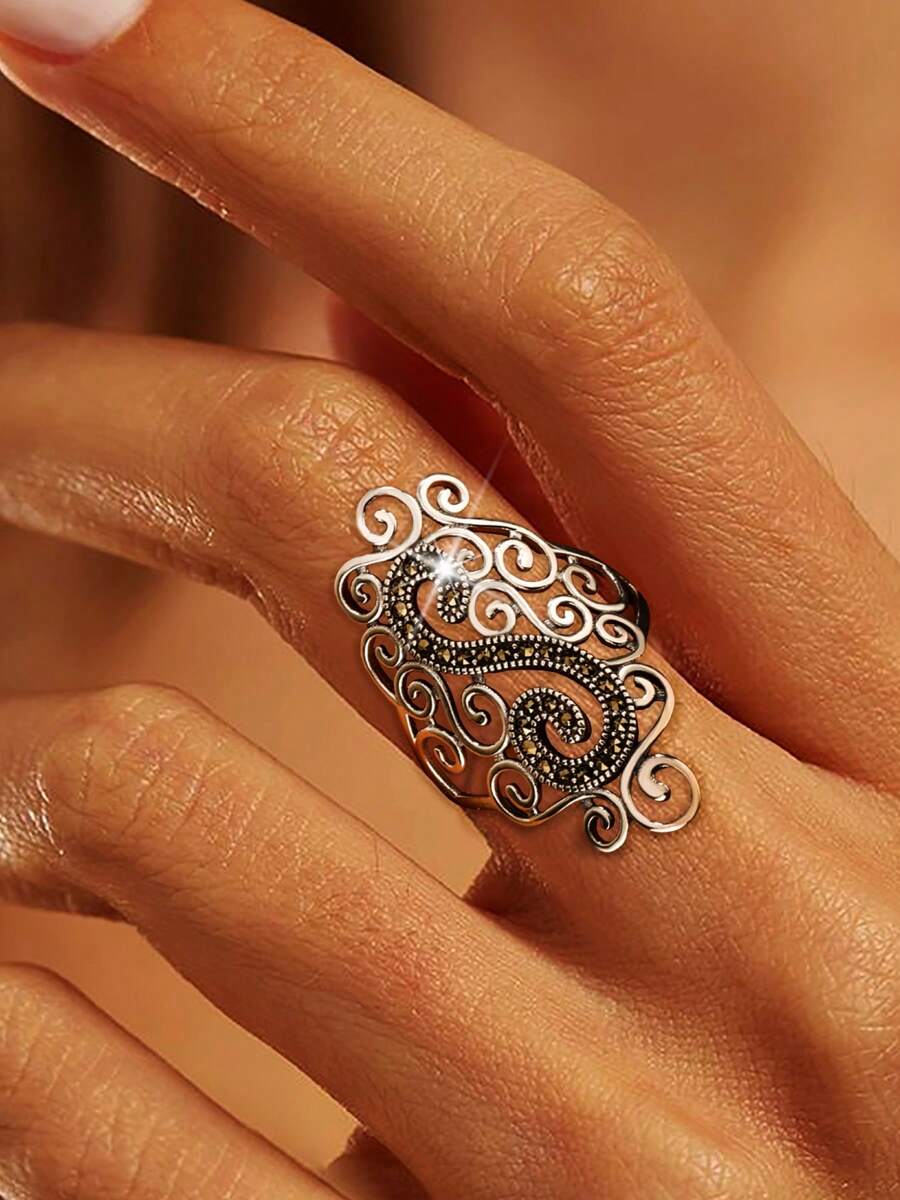 1pc 925 Sterling Silver Vintage Hollow Floral Vine Ring, Christmas Gift For Lover, Suitable For Engagement, Wedding, Daily Wear, Random Box Style