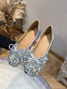 高端方头平底增高手工金属水钻珍珠装饰女士正装鞋