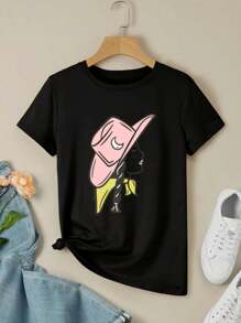 Desert Girl A Western Woman With Braided Hair Wearing A Cowboy Hat Crescent Moon Freckles And A Yellow Scarf - Comic Art For Women's Women T-Women's Shirt - 黑色 - 查看 3