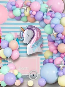 Kit de arco de guirnalda de globos con tema de unicornio de 105 piezas, que incluye globos de látex de marca rosa, azul y morada, globos de aluminio con forma de estrella y unicornio para decoración de fiestas de cumpleaños, baby showers, revelación de sexo, bodas y fiestas de unicornio, accesorios de globos decorativos