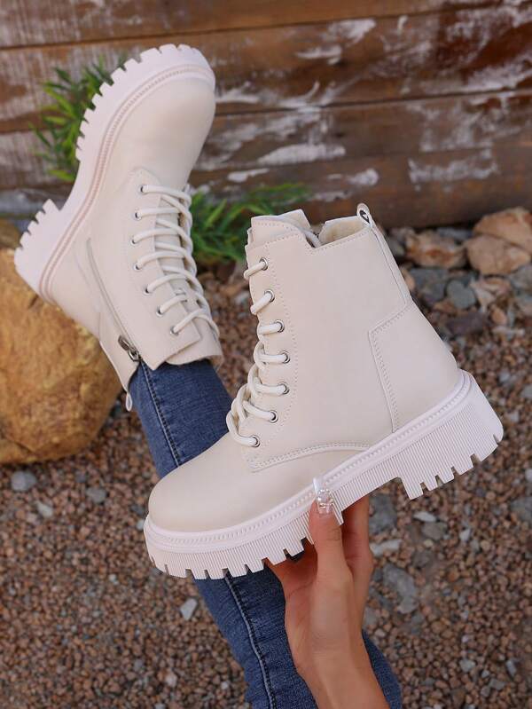 Women's British Style Boots, Casual Fashion Versatile Motorcycle Short Boots, Thick Sole Lace-Up Leather Boots With Thermal Lined, Sweet Punk Mid-Calf Boots For Autumn/Winter,Party