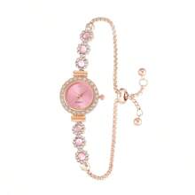 1pc Women's Pink Rhinestone Adjustable Bracelet Watch, Elegant Quartz Watch With Rhinestone Dial, Suitable For Daily Matching, Birthday, Gift For Her, Anniversary, Year-End Promotion, Singles' Day, Halloween Promotion, No Gift Box - Pink - View 1