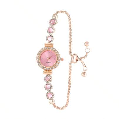 1pc Women's Pink Rhinestone Adjustable Bracelet Watch, Elegant Quartz Watch With Rhinestone Dial, Suitable For Daily Matching, Birthday, Gift For Her, Anniversary, Year-End Promotion, Singles' Day, Halloween Promotion, No Gift Box