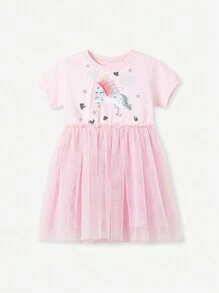 Toddler Girls Unicorn Tulle Dress - Short Sleeve Party Dress With Shiny Unicorn Print - Fuchsia Princess Dress
