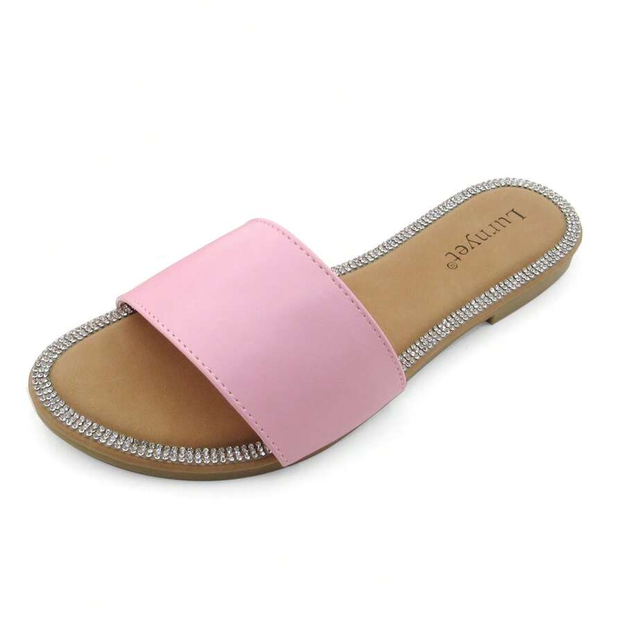Women's Metallic Comfort Flat Sandals With Rhinestone Trim: Stylish Design, Non-Slip Rubber Sole, Latex Insole For Comfort, Perfect For Parties, Gatherings, Casual Wear, Vacations, And Beach Days - Hồng - Xem 1