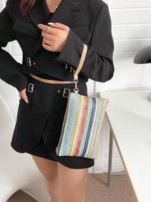 Fashionable Spring/Summer New Woven Clutch Envelope Bag, Casual Colorblocked Wave Pattern Multi-Purpose Tote Handbag For Women - Multicolor - View 8