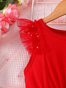Nuevo vestido de fiesta elegante rojo con lazo y lentejuelas para niñas pequeñas, adecuado para eventos y fiestas de verano - Rojo - Ver 3