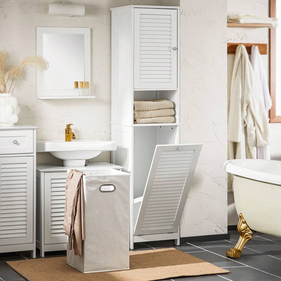 SoBuy BZR124-W 浴室柜，带两个搁板和门，MDF 白色，宽 x 高 x 深，约 40x170x38 厘米，家居浴室装饰，浴室收纳，夏季浴室配件 - 白色 - 查看 1