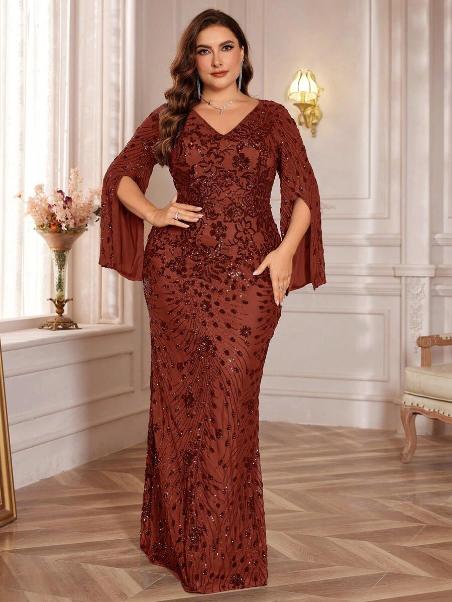 Stretchy Sequins Mermaid V-Neck Long Sleeve Split Sleeve Elegant Formal Gown, Plus Size Evening Party Dress For Mother, Wedding Guest Dress - 紅木色 - 查看 1