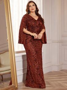 Stretchy Sequins Mermaid V-Neck Long Sleeve Split Sleeve Elegant Formal Gown, Plus Size Evening Party Dress For Mother, Wedding Guest Dress - 紅木色 - 查看 5
