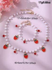 Set de 2 piezas de collar y pulsera con cuentas de perlas con diseño de fresas y cerezas para niñas - Multicolor - Ver 6