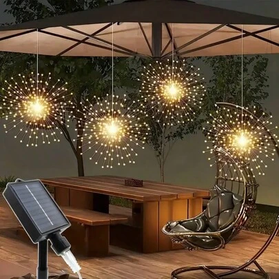 AMILL 4pcs Solar Starburst Sphere Lights, 400LEDs Hanging Fairy Firework Lights, 8 Modes Copper Wire Sparkly Lights For Patio Party Tent, Solar-Powered With 500mAh Lithium Battery, No Remote, Warm White