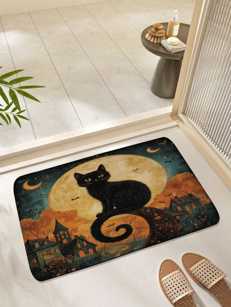 1pc Black Cat Night Bathroom Mat, Full Moon Pattern Kitchen Decor Floor Mat, Absorbent, Quick-Drying And Anti-Slip, Soft Thick Flannel Rug For Bathroom, Kitchen, Living Room, Home Decor Home Bathroom Decor Floor Carpet Outdoor Rug Door Mat