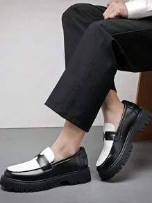 Men's Thick Sole Increased Height Platform Shoes, Tasseled Patent Leather Loafers - Black and White - View 5
