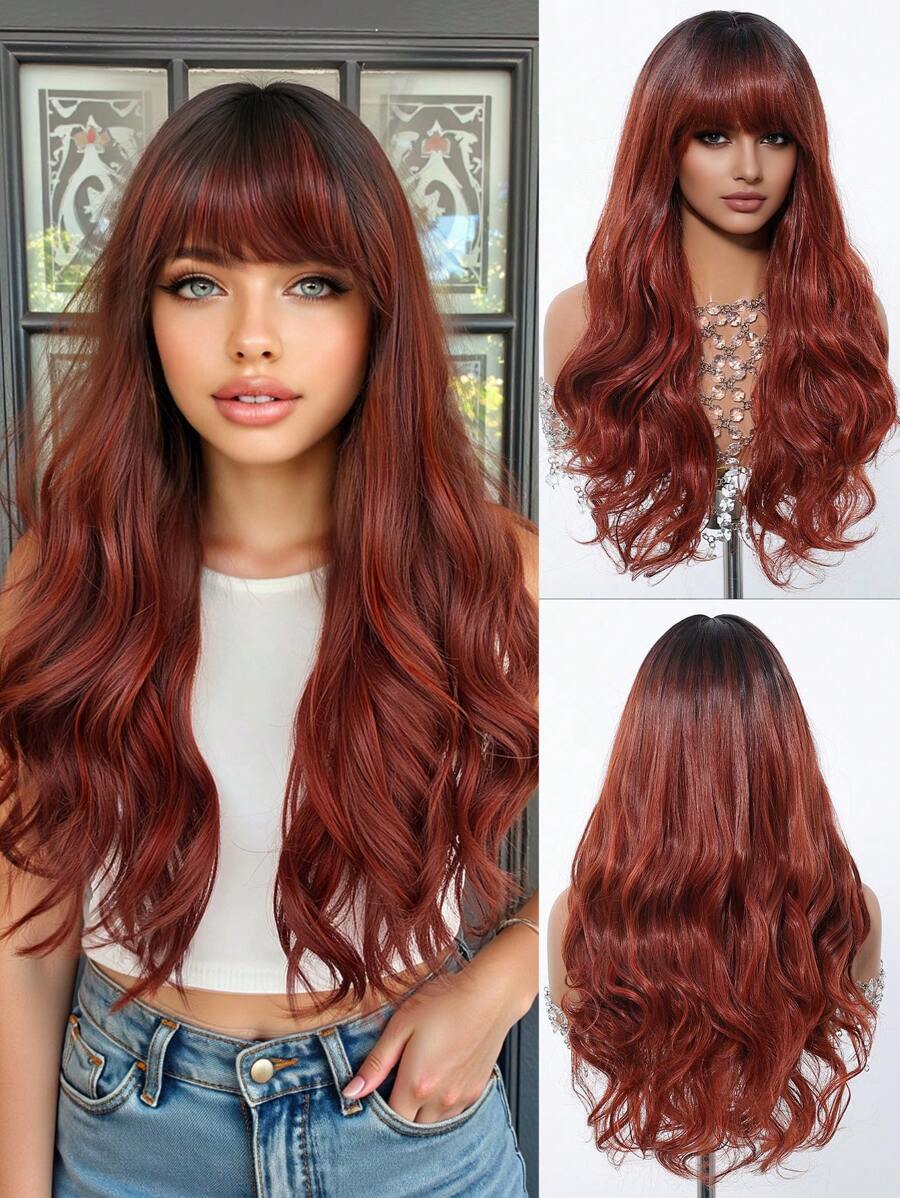 22 Inch Brown Long Curly Synthetic Wig With Bangs Dark Roots For Women Daily Cosplay Party Wig - Brown - View 1