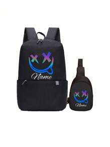 Customized Fitness Backpack, Can Be Printed With Personalized Name Or Holiday Greetings. Customize Your Own Crossbody Bag. 2 Pieces Mini Combination, Back To School Fashion Large Capacity Bag, Cute Cartoon Funny Spoof Ghost Face Smiling Face - Text - View 12