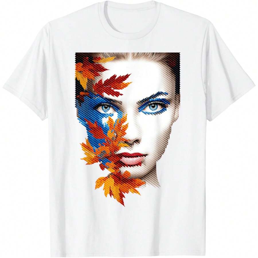 Women Pixel Art Abstract Autumn Leaves Human Graphic Women T-Shirt - White - View 1