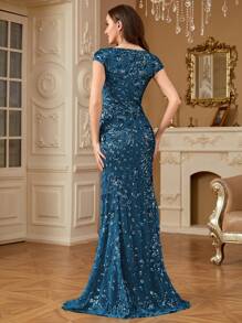 hezixi 女士优雅亮片性感晚礼服，长款美人鱼式正式舞会礼服，奢华婚礼派对鸡尾酒会礼服，婚礼宾客礼服 - 水鴨藍 - 查看 3