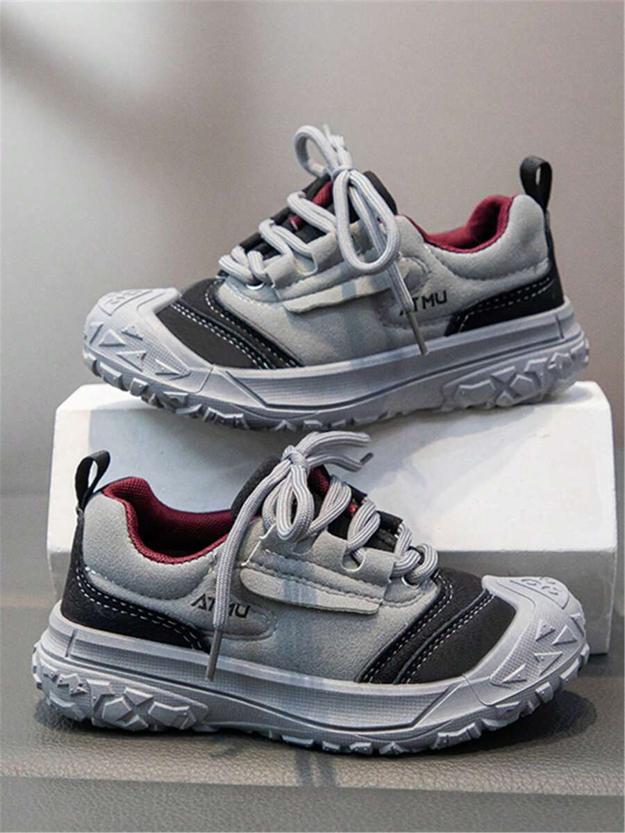 1 双儿童休闲皮革鞋面透气软底舒适运动鞋，韩版时尚钩环扣，男孩女孩时尚春秋新款 - 灰色 - 查看 1