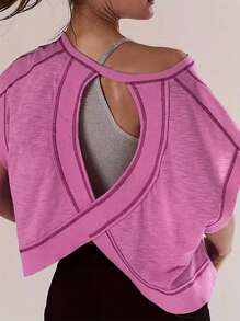 Women's Cap Sleeve Crewneck Twist Backless Slim Fit Solid Crop Tee Top