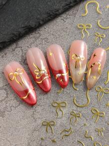 4 张闪光蝴蝶结美甲贴纸，情人节优雅线条 3D 红金激光粉色蝴蝶结丝带蝴蝶结星空心设计自粘指甲贴花女士 DIY 美甲用品 - 彩色 - 查看 5