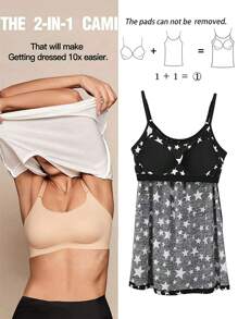 Built In Bra Padded Women Camisole Cami Vest Plus Size 2 In 1 Push Up Tank Tops Summer Beach Flowy Swing Casual Loose Fit Blouse Top Shelf Bra Spaghetti Strap S To 4XL - Black Star - 查看 3