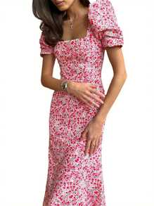 Womenacute;S Summer Midi Dress Casual Short Puff Sleeve Floral Print A-Line Dress Elegant Flowy Dress