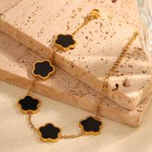 1 件 18K 金不锈钢黑白三叶草图案手链，白色珍珠母幸运四叶草珠子手链，适合女性、派对和日常佩戴，欧美风格 - 五葉草 - 查看 1