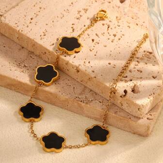 1 pieza Pulsera de acero inoxidable con baño de oro de 18K con patrón de trébol negro y blanco, pulsera de cuentas de nácar blanco con trébol de la suerte, adecuada para mujer, para fiestas y uso diario, estilo europeo y americano