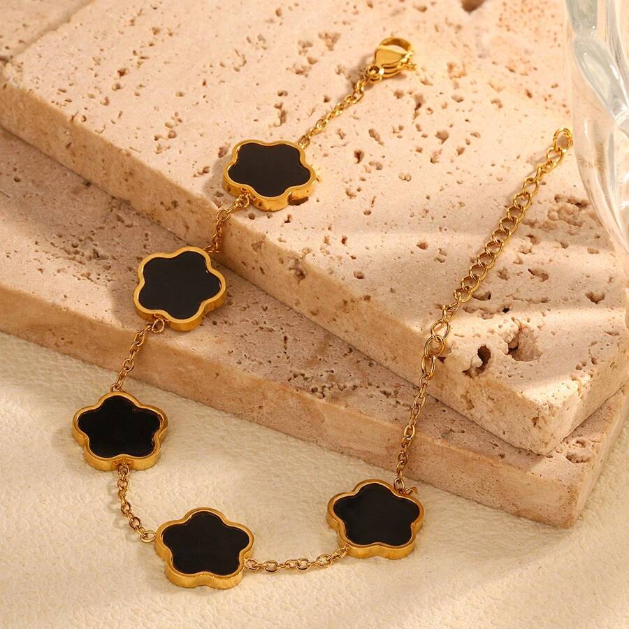 1 件 18K 金不锈钢黑白三叶草图案手链，白色珍珠母幸运四叶草珠子手链，适合女性、派对和日常佩戴，欧美风格 - 五葉草 - 查看 1