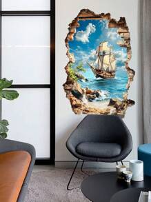 1pc/1set2pcs/1set3pcs, Creative Landscape Wall Stickers, Simulated Broken Wall Mountain Stream Forest Waterfall, Sailboat And Ocean Wall Decals, Suitable For Living Room Bedroom Bathroom Door, Mural Decorative Wall Stickers Gifts Birthday Graduation Personalised Stickers - Multicolor - View 10