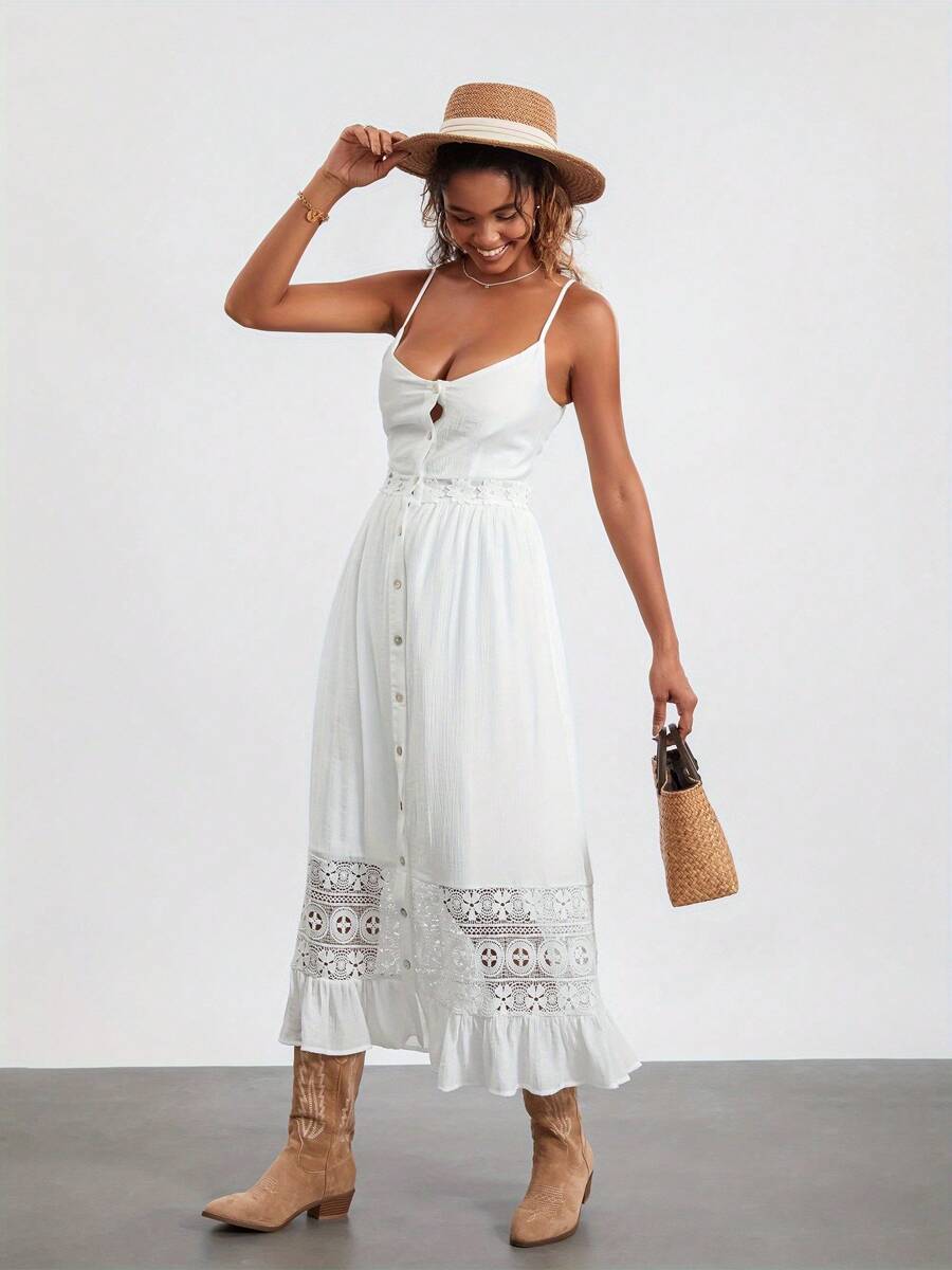 Women Sling Dress, Spaghetti Straps Button Closure Lace Patchwork Hollowed Summer Long Dress