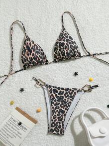 New Fashion Sexy Lace-Up Leopard Print 2 Pieces Bikini Set, For Summer Beach Vacation - Multicolor - View 1