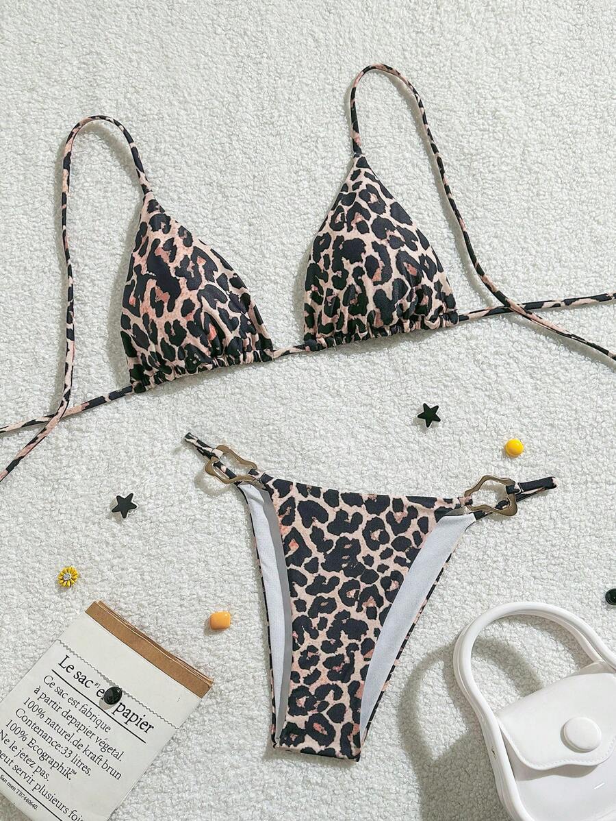 New Fashion Sexy Lace-Up Leopard Print 2 Pieces Bikini Set, For Summer Beach Vacation - Multicolor - View 1
